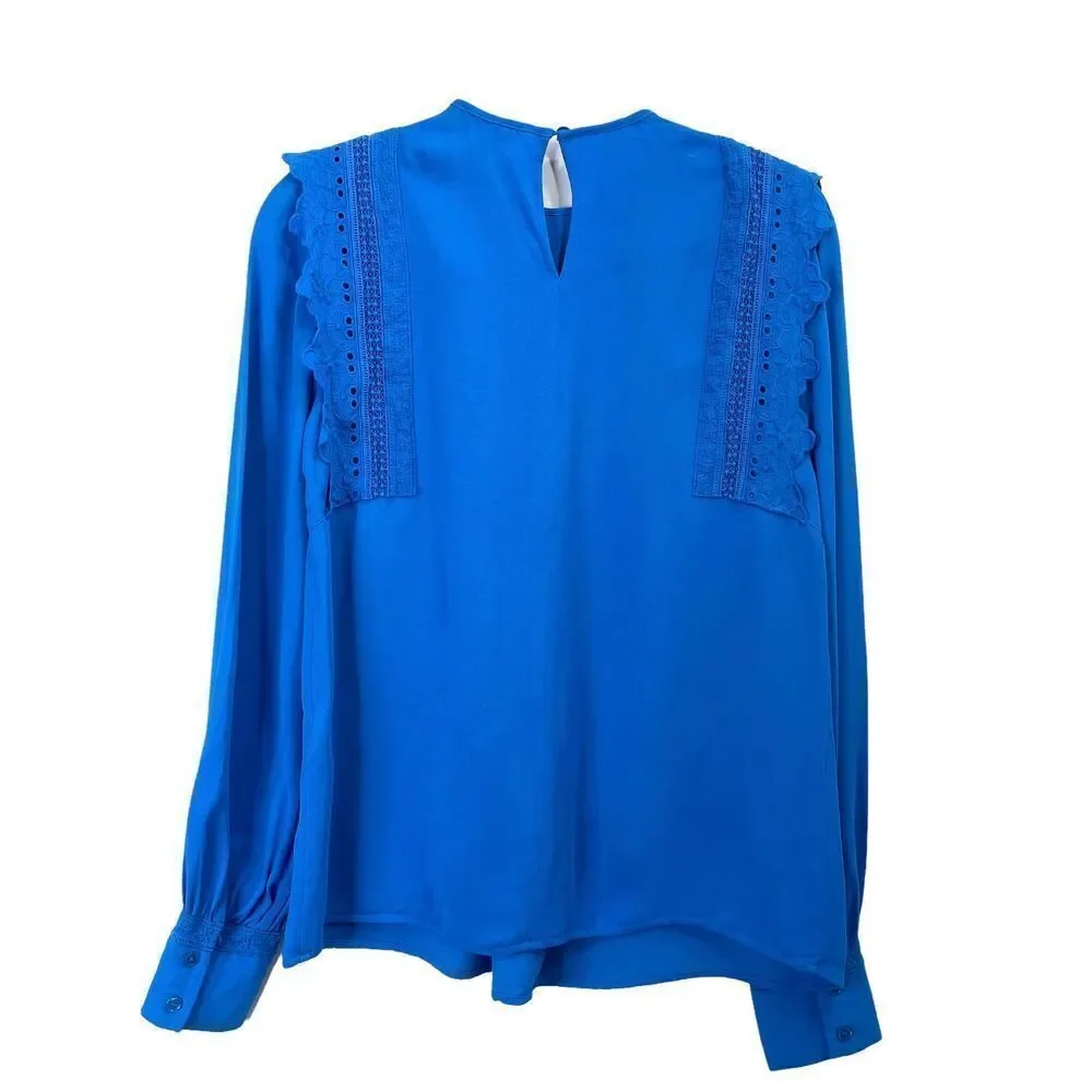 Reiss Bexley‎ Pleated Embroidered ruffle Crepe Blouse top Size 0 blue cerulian - Picture 10 of 12